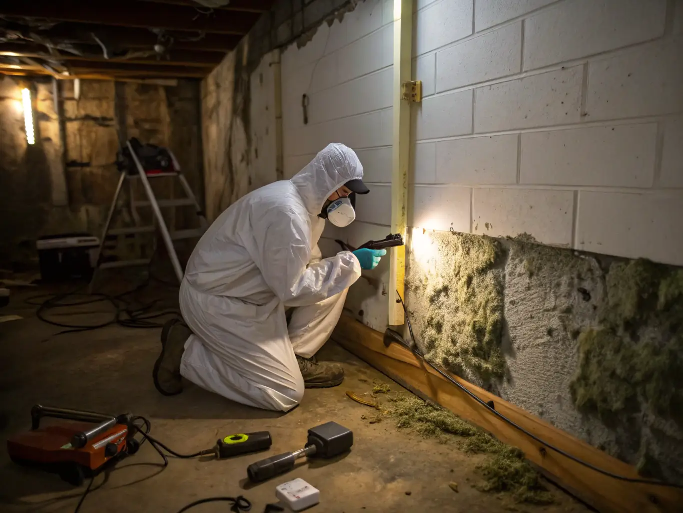 A professional mold remediation technician in a full protective suit inspecting a wall for mold growth with specialized equipment, focusing on detail and precision.