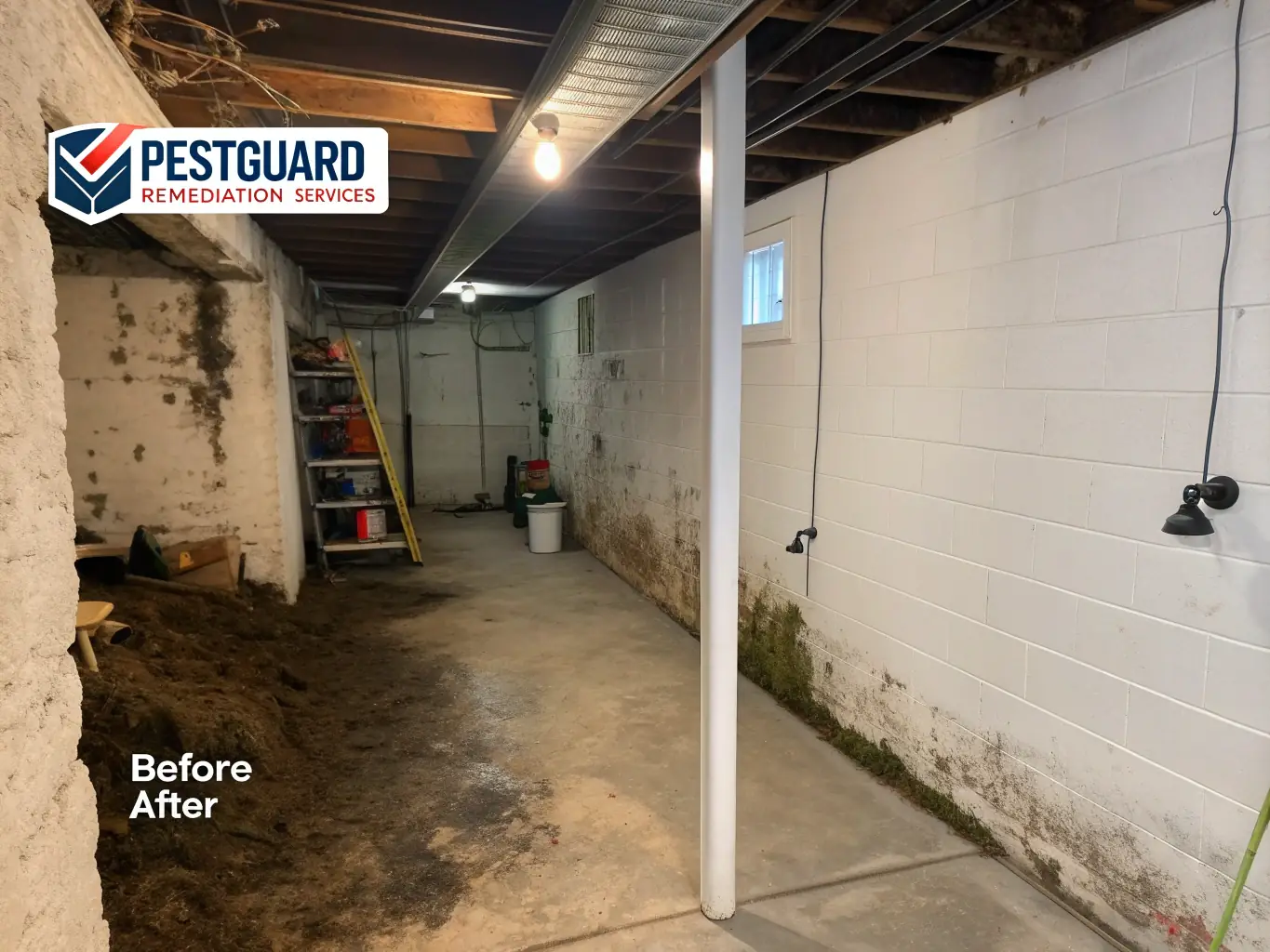 A before-and-after shot of a mold-infested area, showing the dramatic improvement after professional mold remediation services, highlighting the effectiveness of the treatment.