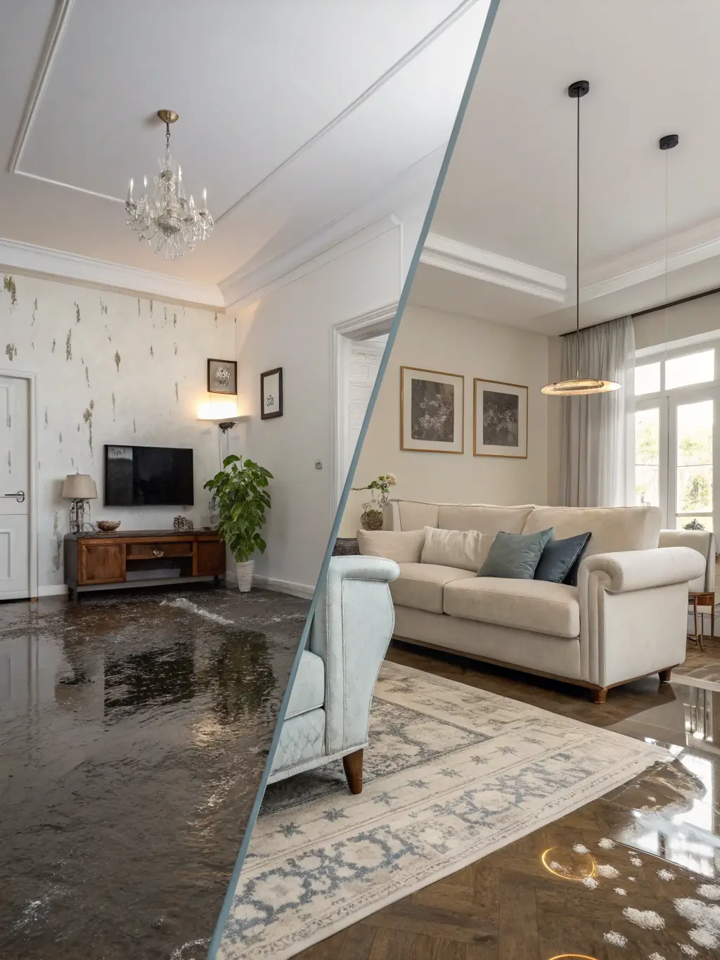 A before-and-after photo demonstrating the dramatic results of professional mold remediation in a water-damaged home.