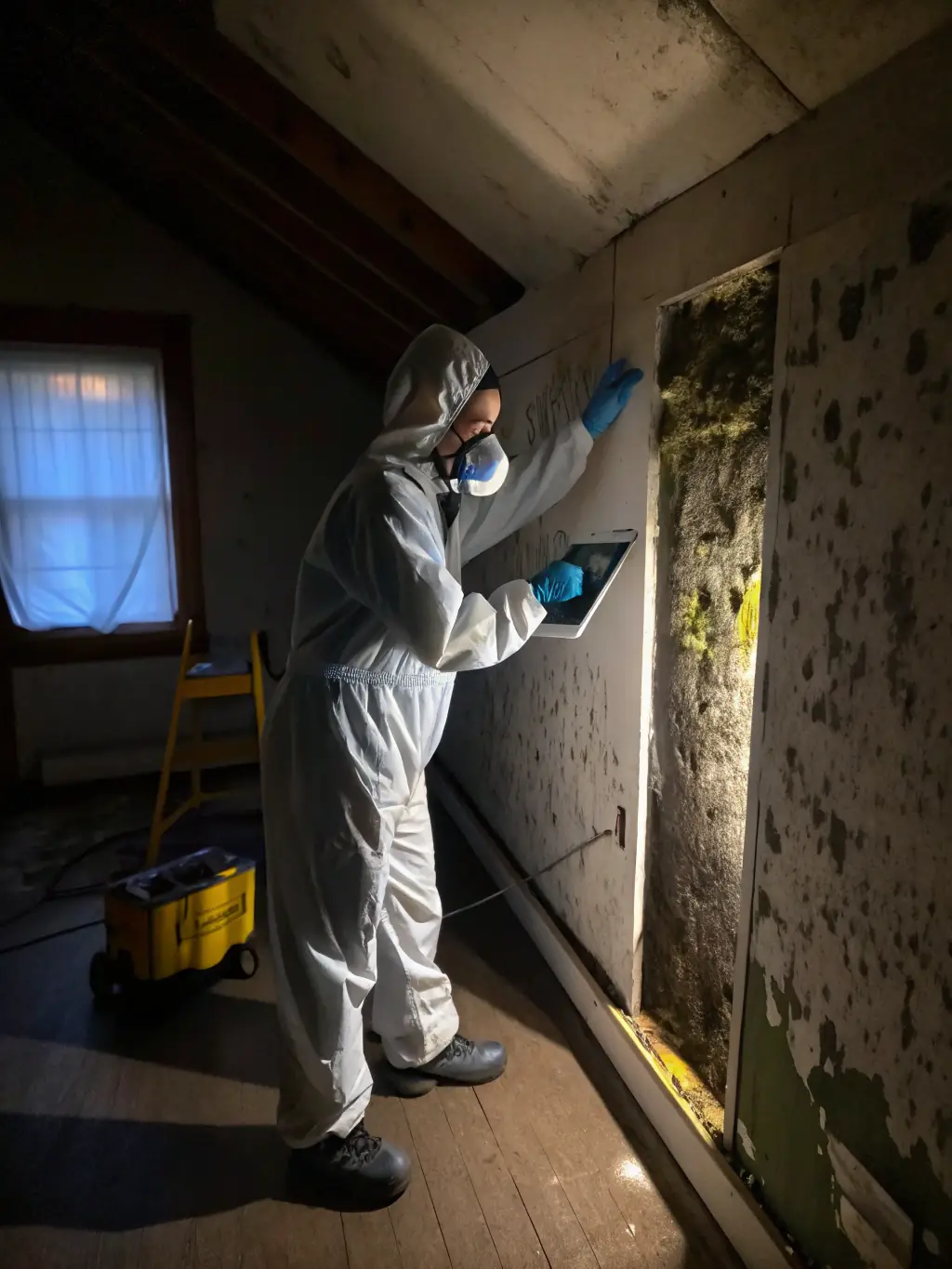A high-resolution photo of a technician carefully removing black mold from a basement wall, wearing full protective gear, with professional equipment visible.