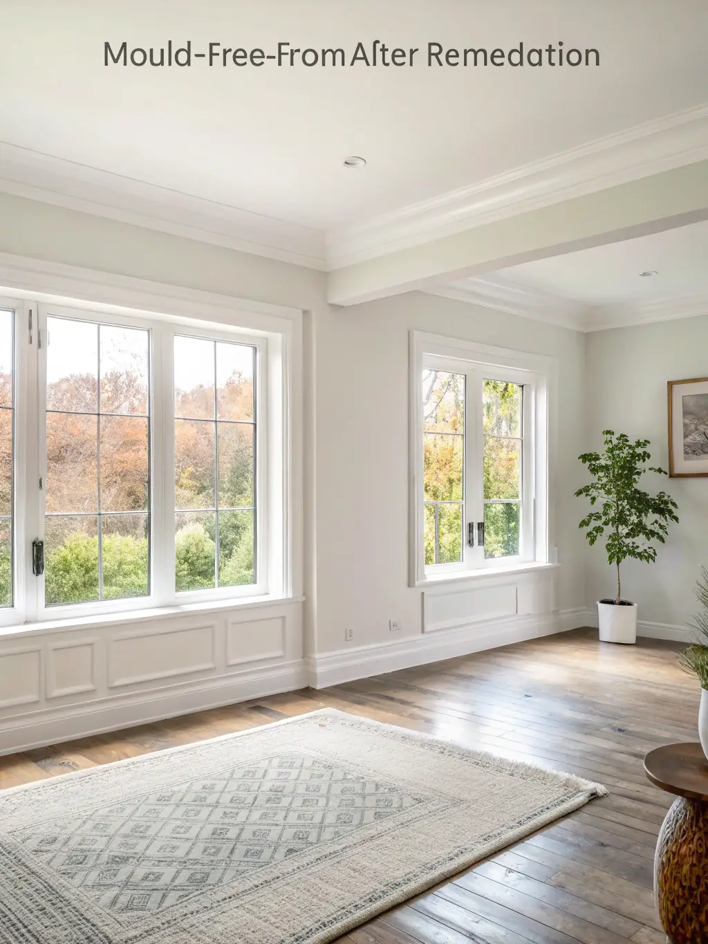 A photo showcasing the air purification process after mold remediation, with specialized equipment running in a clean and sanitized room.