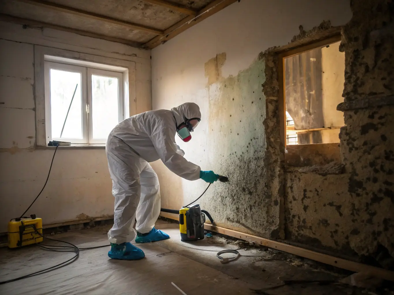 A technician carefully removing black mold from a damp basement wall, wearing protective gear and using specialized equipment to contain the spread of spores.